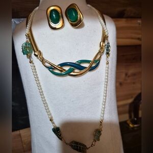 Trifari Green Ename Omega Necklace Set